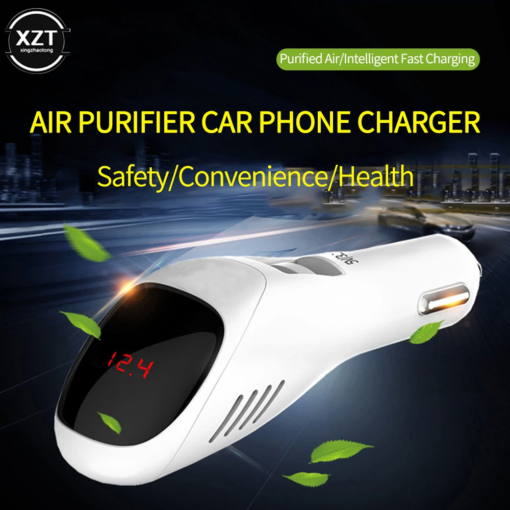 Car Air Purifier 12V 24V Negative Ions Cleaner Ionizer Freshener Auto Mist Dual USB Fast Charger HD Digital Display | Автомобили и