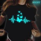 Футболка женская светящаяся с коротким рукавом, модная смешная футболка с рисунком сердцебиения, рубашка с бабочкой, 90s, 2021