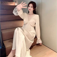 nightgowns women autumn lace sexy elegant fashion mid calf long sleeve princess breathable solid korean style cozy lounge ladies