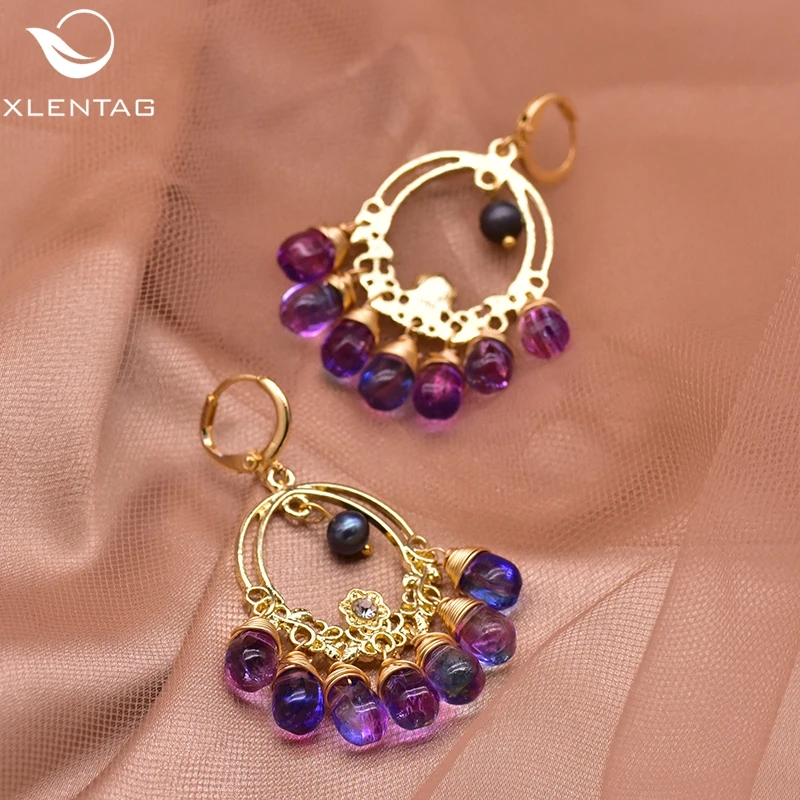 XlentAg эффектные фиолетовые чешские хрустальные серьги в форме капли воды