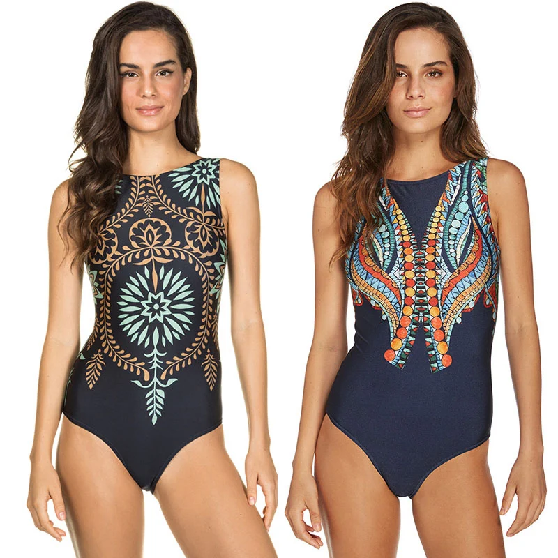 2019 New Women Print One Piece Swimsuit Vintage Retro Bathing Suits Push Up Swimwear Beach Suit Monokini Backless Bodysuit | Спорт и