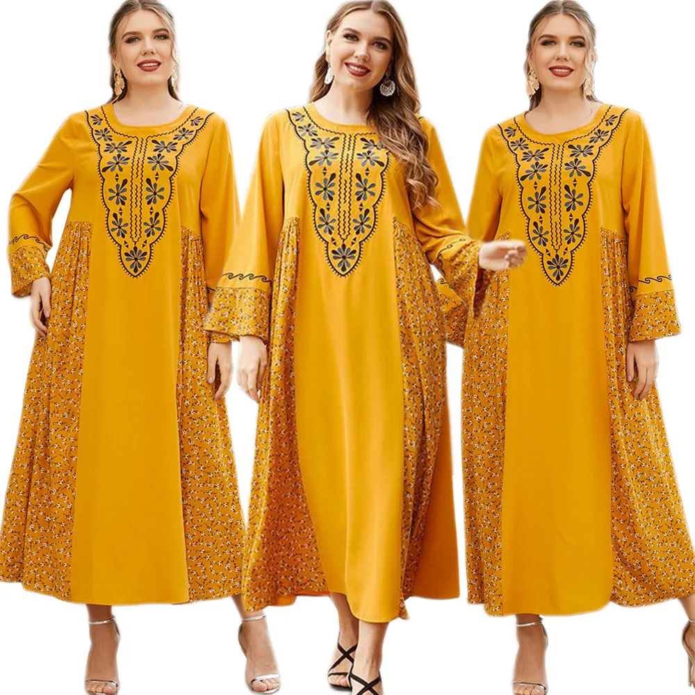 

Dubai Muslim Women Embroidery Long Dress O-neck Kaftan Abaya Islamic Clothing Ramadan Arab Loose Casual Ethnic Loose Plus Size