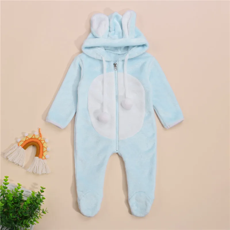 

Baby Winter Hooded Romper Color Block Footed Jumpsuit with Rabbit Ears Pom Poms