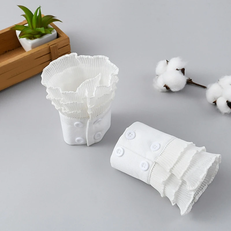 

Women Elegant 3 Layers White Horn Cuffs Wave Pleated Ruffled Detachable False Fake Sleeves Sunshade Sweater Wristband A20 21