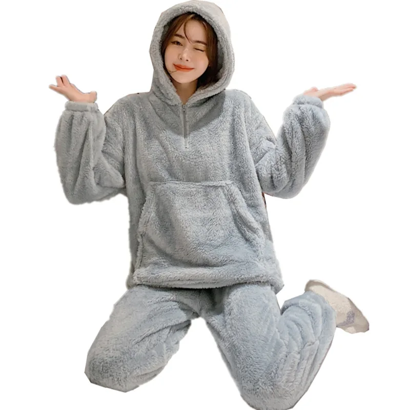 

2020 Autumn Spring Women Pajamas Flannel Hooded Warm Long Sleeve Two Piece Suits Soild Fashion Sleepwear Casual Zipper Sweet