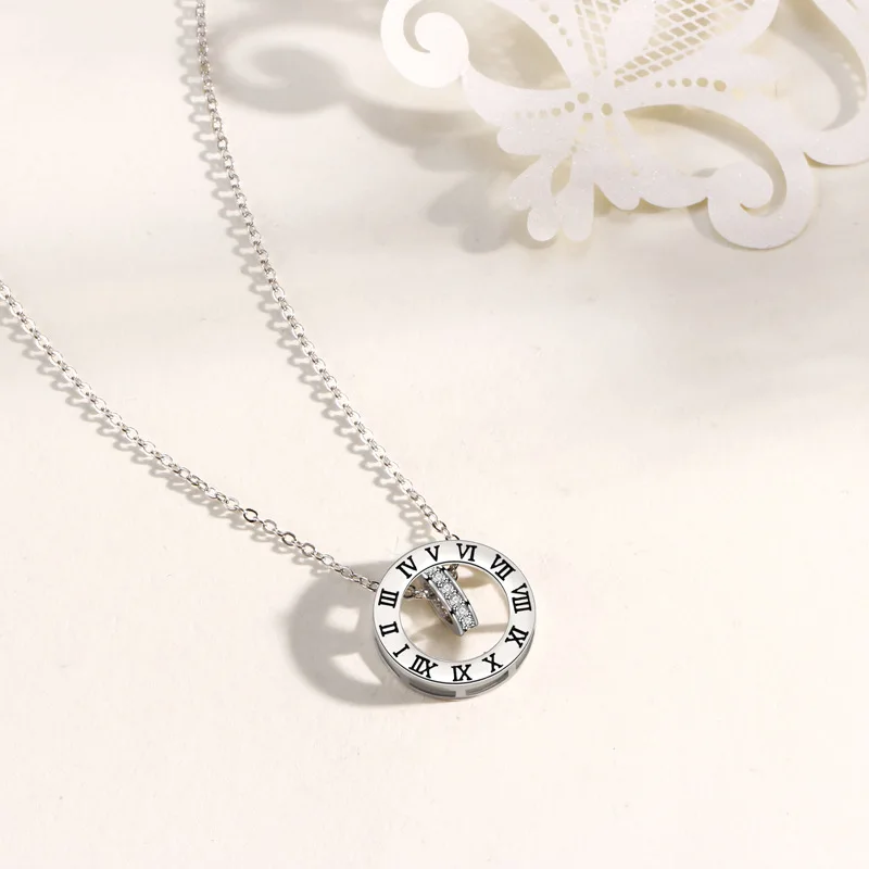 Elegant Crystal Choker Trendy Round Hollow Out Roman Numerals Necklace Rose Gold Silver Color Pendant For Women Jewelry | Украшения и