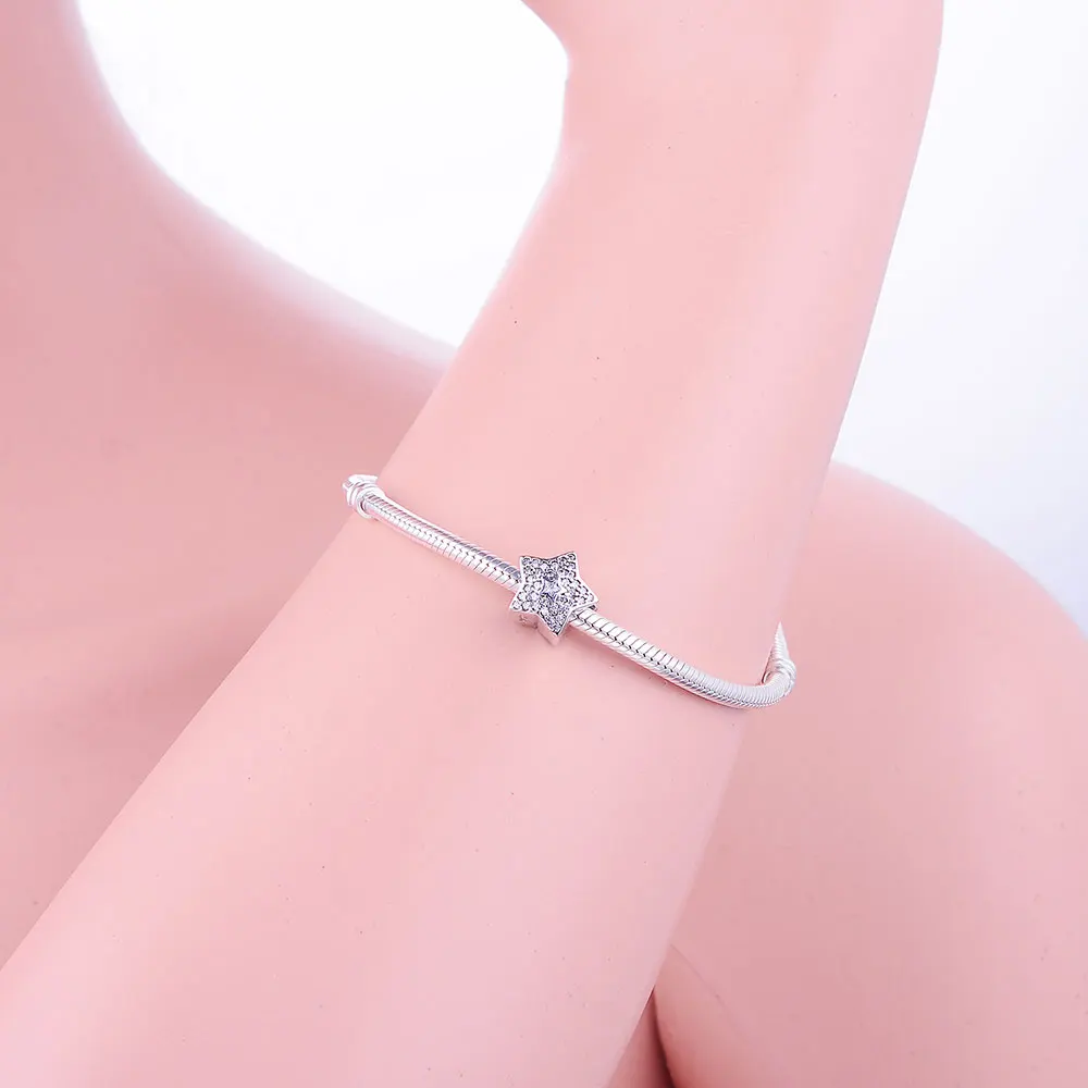 

Berloque Hot Sale Real 925 Sterling Silver Pave Clear Zircon Star Charms Beads Fit Original Charms Bracelets DIY Jewelry Making