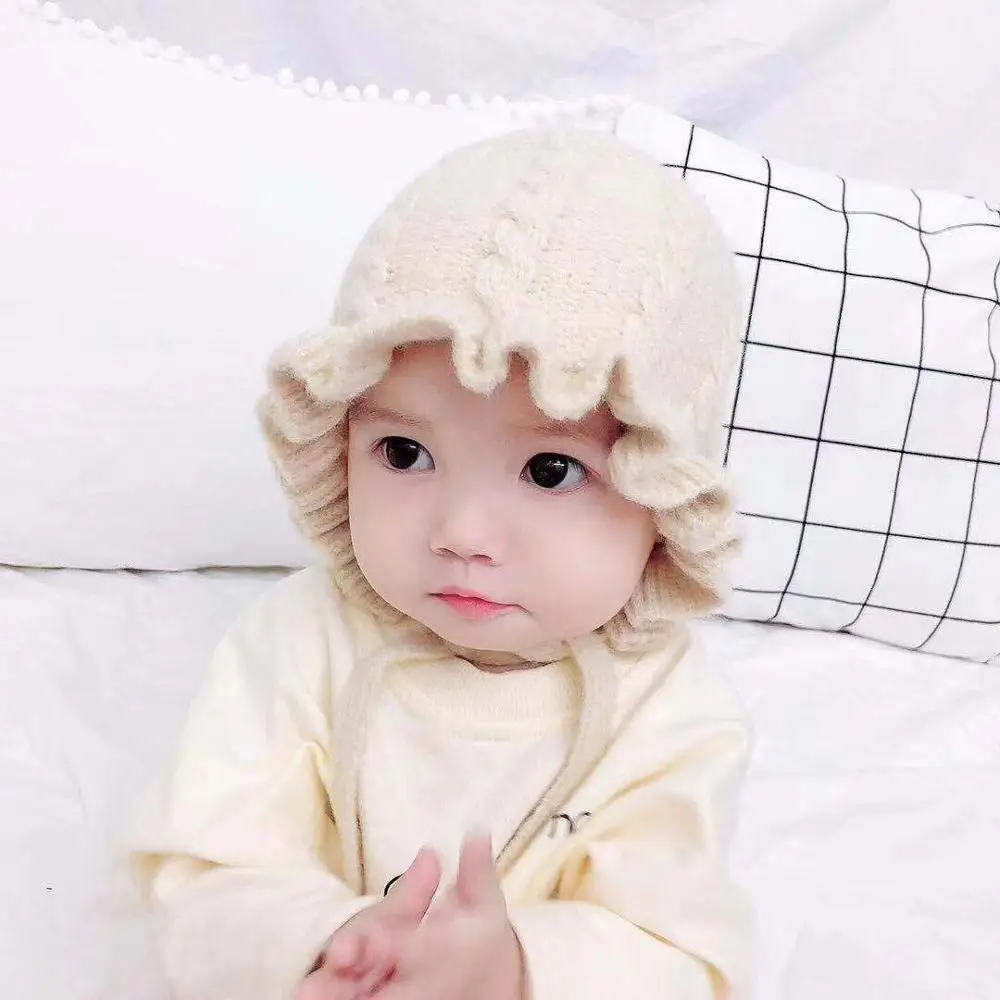 Зимние однотонные шапки с принтом и оборками для маленьких девочек Повседневные