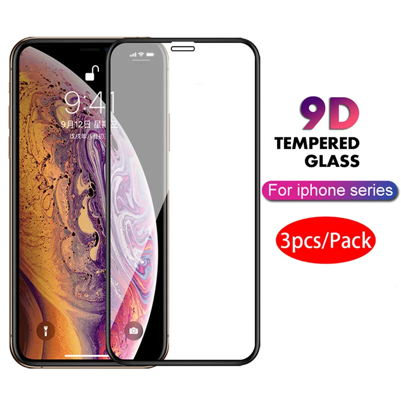 

3PCS Tempered Glass For iphone 11pro X XS max XR Screen Protector 9D Glass For iphone 7 8 6 6s Plus glass Protective Front Film
