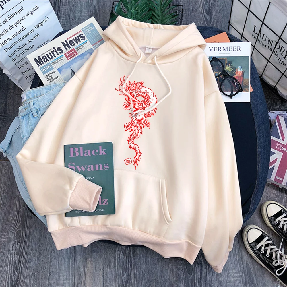Женская толстовка с капюшоном и принтом дракона свободного покроя|Женские