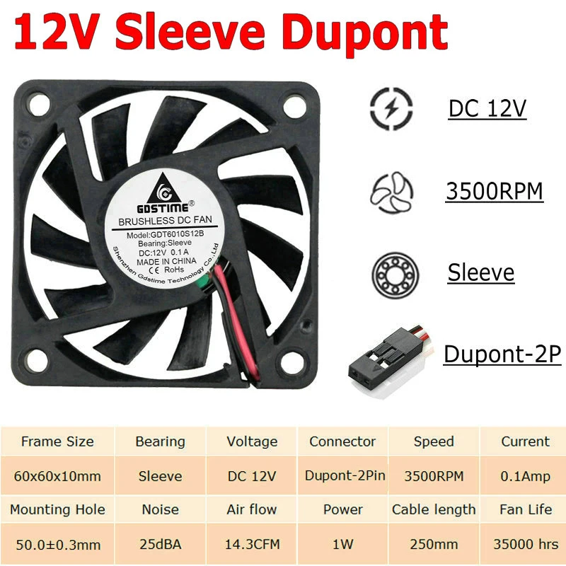 5 шт. в партии Gdstime 5 В, 12 В, 24 В постоянного тока, 2Pin 3Pin USB 60 мм 60x60x10 мм 6010 DC мини охлаждающий вентилятор Cooler Втулка с отверстиями для шариков подшипника - Цвет лезвия: 12V Sleeve Dupont