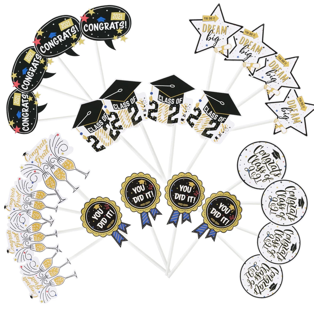 

24 шт. 2021 украшения для выпусквечерние вечера, черные/белые/Золотые топперы для кексов, украшение, товары для выпусквечерние вечера, украшени...