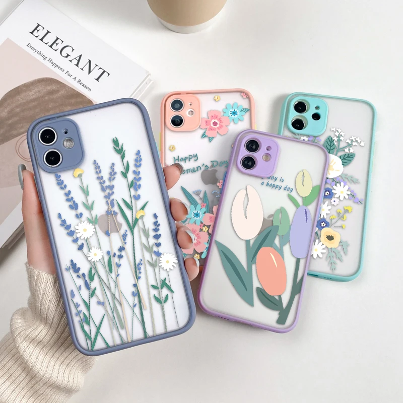 Прозрачный окрашенный чехол для iPhone 11 Pro 12 мини-цветочный XR 7 8 Plus X XS Max SE защитный |