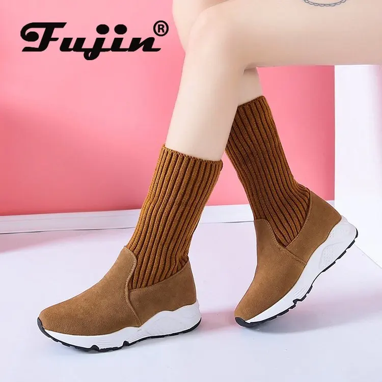 

Fujin Women Winter Boots Snow Sneaker Women Snow Boots Flock Stretch Sock Breathable Platform Plush Fur Booties Suede Warm Shoes
