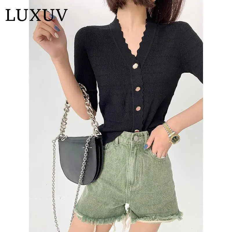 

LUXUV Women's Sweaters Cardigan Crop Tops Office Lady Coat Light Knitted Quilt With Throat Long Sleeve Wool Blend Jersey Casual