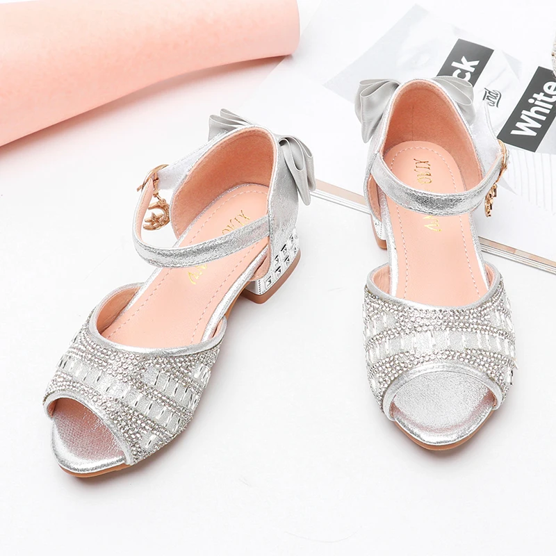 Сандалии принцессы на низком каблуке для девочек кожаные Босоножки с открытым