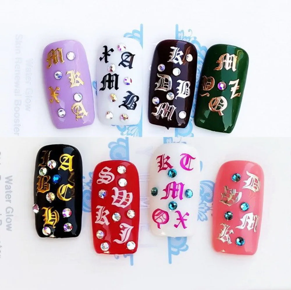 5 Sheets/Set Holographic Rose Gold Silver Laser Retro English Letter 3D Nail Art Sticker Black Text Tag Adhesive Decals TY5 |