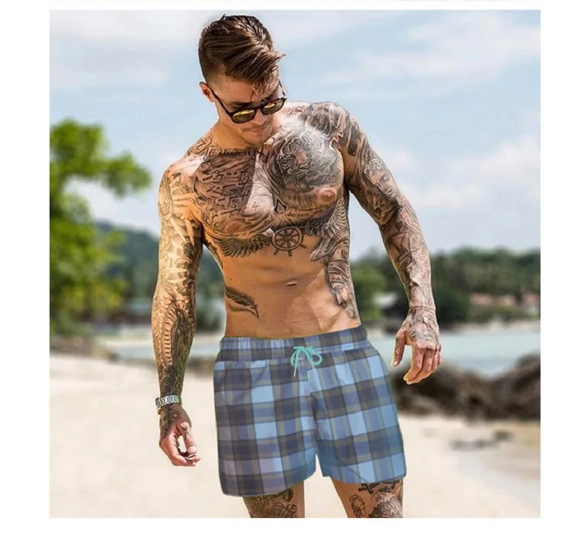 Мужские летние быстросохнущие пляжные шорты в европейском и американском стиле, новинка 2021, дышащие плавательные шорты в клетку с градиент...