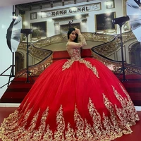 red sparkly ball gown quinceanera dresses 2022 long sleeve lace applique crystal prom gowns lace up corset sweet 15 party dress