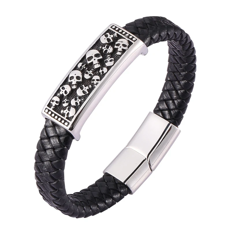 

Hot Fashion Punk Jewelry Black Braided Leather Hand Bracelet Men Skeleton Skull Bracelets Bangles Male Leather Wristband SP0473
