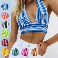 summer stripe crop top for women sexy deep v neck bandage self tie back sleeveless camisole girl fashion camis am3086