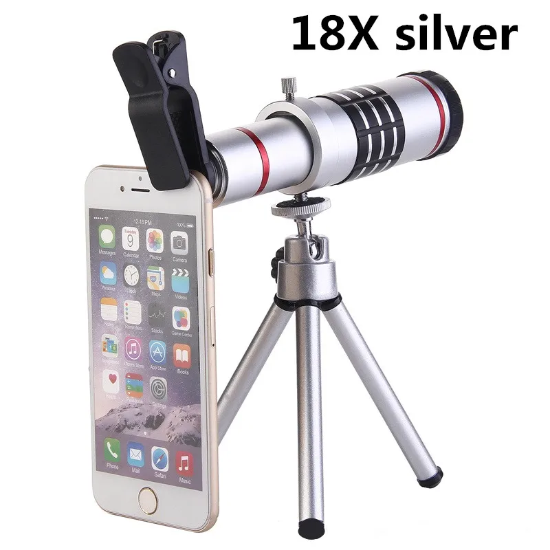 18X Silver Универсальный зажим 8X 12X 18X 20X 36X зум сотовый телефон телескоп объектив Внешний объектив для смартфонов для iPhone samsung huawei mi - Цвет: 18X Silver