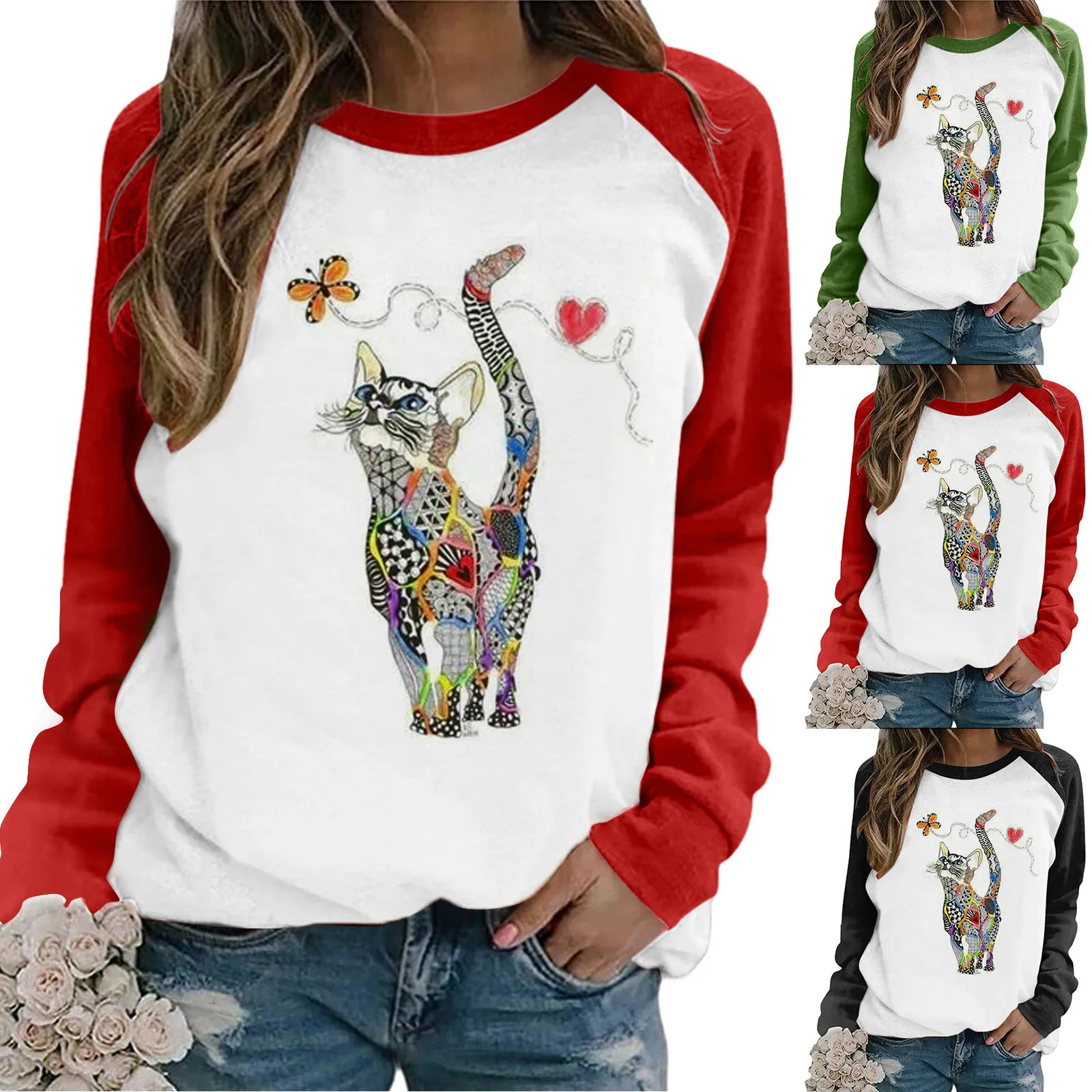 

Модные свитшоты в стиле пэчворк с принтом кошки, пуловеры в стиле Харадзюку с круглым вырезом и длинным рукавом, Женский Топ, осенняя Повсед...