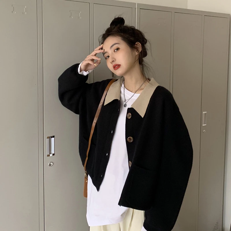 

Korejepo Women Sweater 2021 Spring Autumn Ladies Retro French Contrast Color Lapel Loose Bubble Long Sleeve Knitted Cardigan