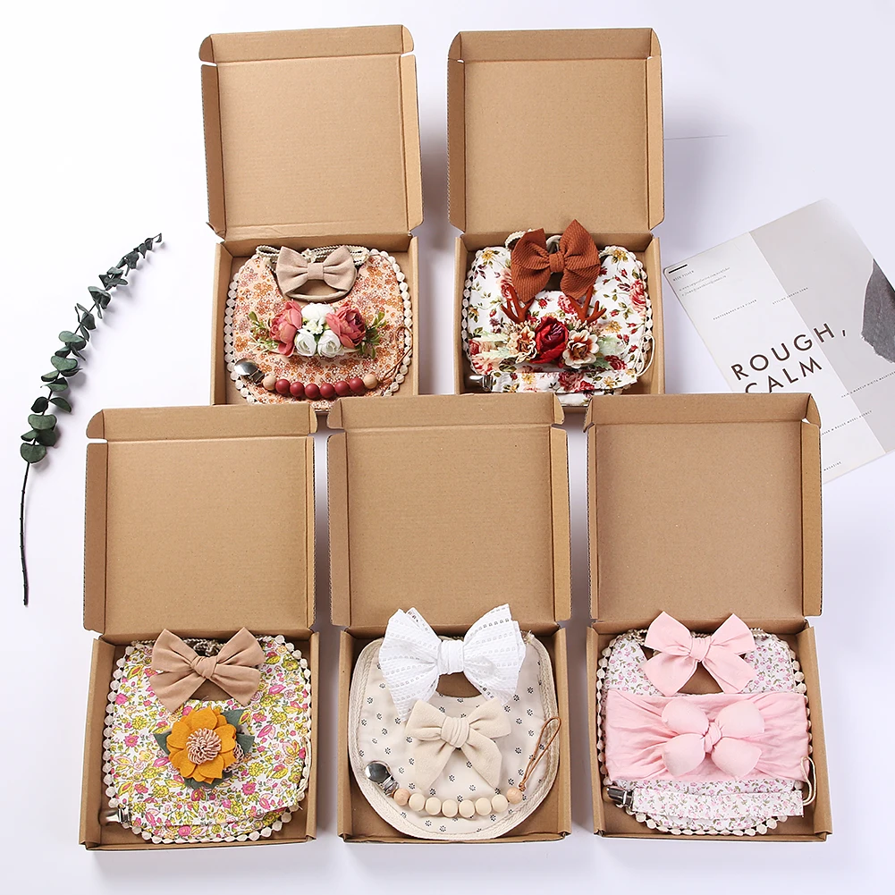 4Pcs/Set Flower Print Baby Bib Headband Elastic Nylon Hair Band Food Grade Silicone Beads Pacifier Clip Chain Christmas Gift Box