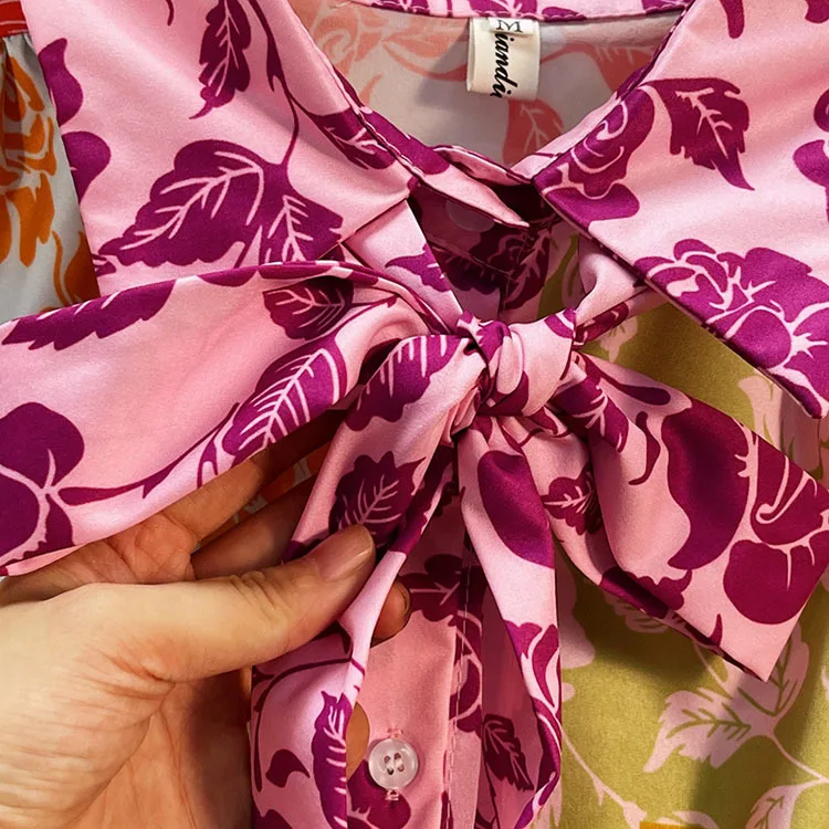 

2021 New Elegant Bow Collar Long-sleeve Printing Shirt Top + Wide Leg Shorts Women Pants 2pcs Suits Fashion Retro Two Piece Set