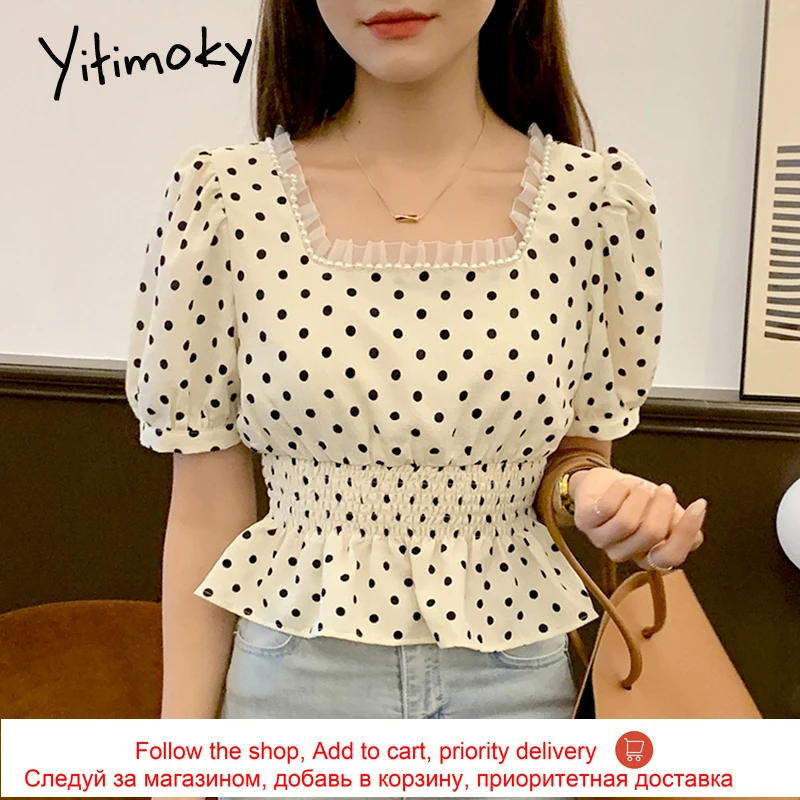 

Yitimoky Vintage Women Shirts Lace Square Collar Spliced Beading 2021 Summer New Ruched Puff Sleeve Polka Dot Slim Shirt Tops