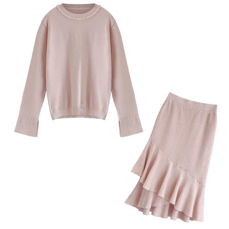 Женский костюм ALPHALMODA Однотонный свитер с жемчужинами и юбка оборками элегантный