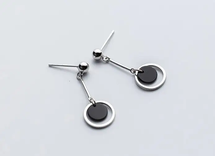 

1pair new 100% Real. 925 Sterling Silver Fine Jewelry Black Enamel Round into the circle dangle Geometric earrings gtle1784