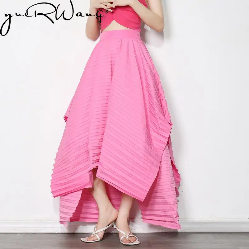 

YUERWANG Women Skirt High Waist Pleated Large Hem Irregular Long Skirts Fashion All Match Loose Leisure Spring Ladies Skirt 2022