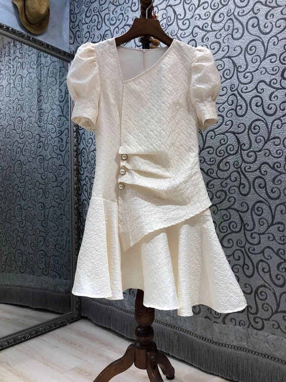 

2021 new women fashion irregular neckline sleeves wrinkled ruffled short sleeve skirt dress 510