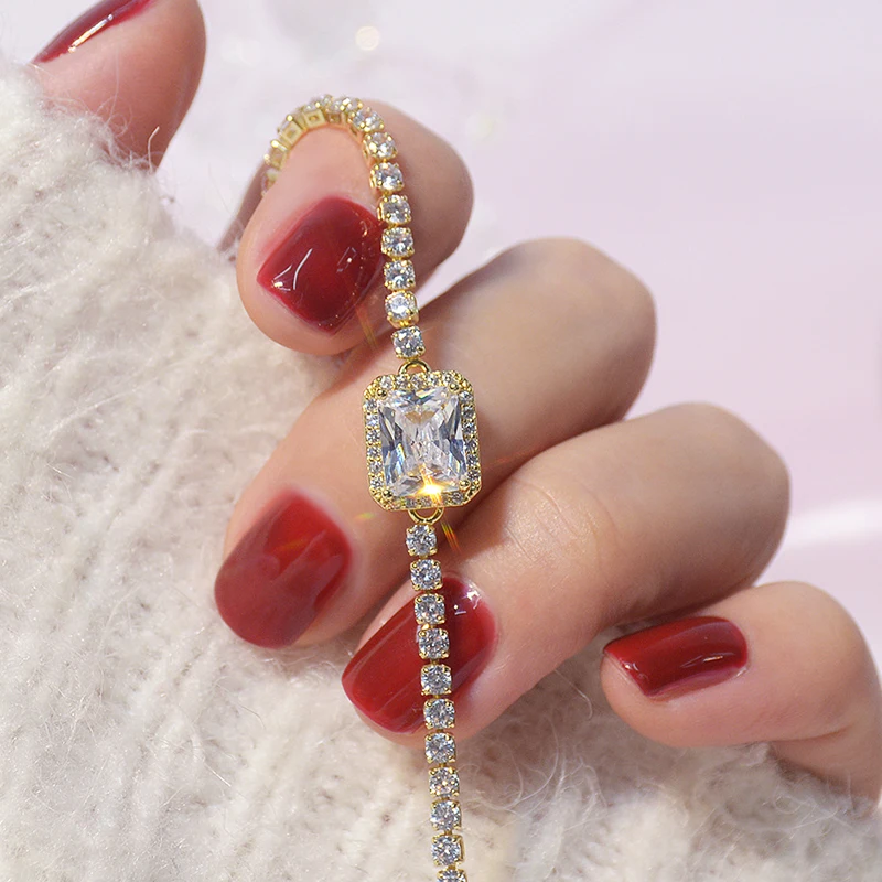 

Exquisite Noble 14k Real Gold Simple Square Charm Bracelet for Women Gift By Top Designer Art Jewelry Bling AAA Zircon Party Hot