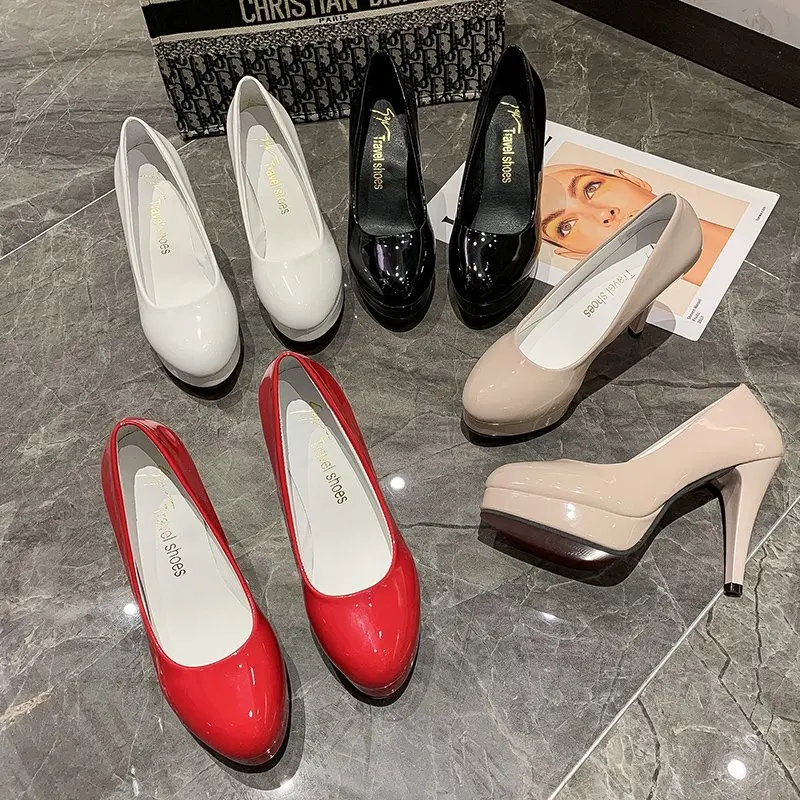 

High-heeled Shoes Waterproof Platform Fashion Sexy Fine With Round Head Feet Korean Women's Shoes Patent Leather Large Size