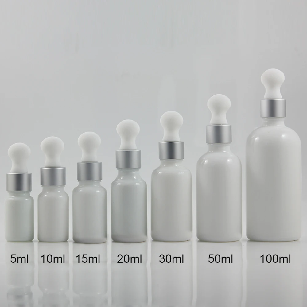 Glass White Jade Empty 50ml Dropper Bottle with Matte Silver Collar