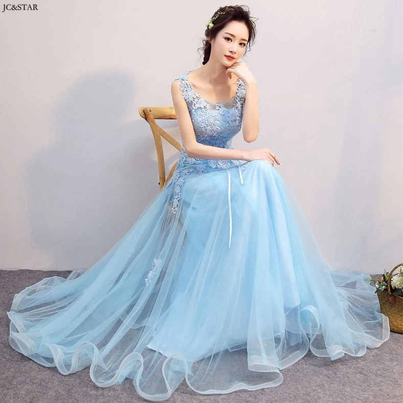 Небесно-голубое для подружки невесты новые платья из тюля расшитые бисером с