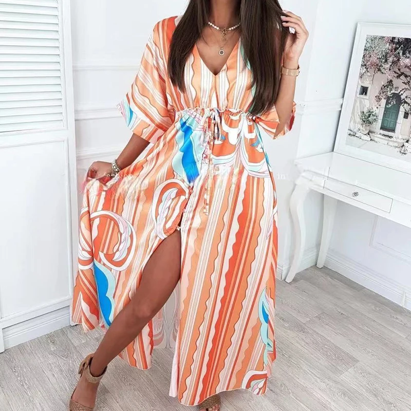 

Pink Print Vintage Dress For Women V Neck Long Sleeve High Waist Hit Color Side Split Floor Length Sexy Dresses Females