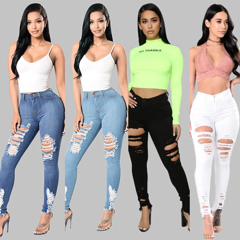 

2021 Woman Jeans Blue Full hips Skinny Ripped Stretch Slim Elastic Denim Pants Large Size For Casual joggingSplit Pencil