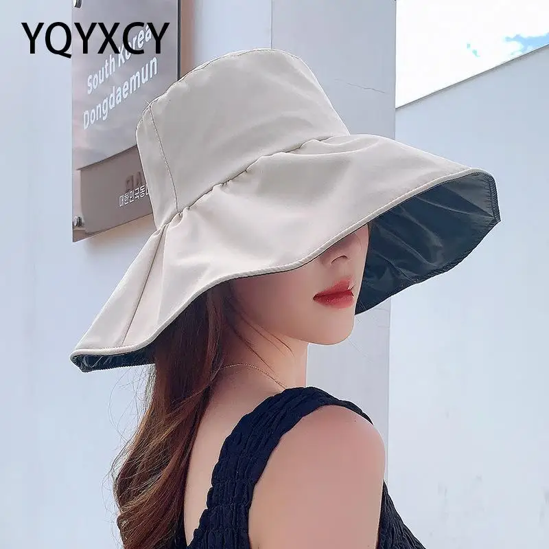 

YQYXCY Sun Hat Women Summer Outdoor Beach Sunshade Uv Protection Fisherman Cap Wide Brim Solid Color Ladies Hats Sunhat Female