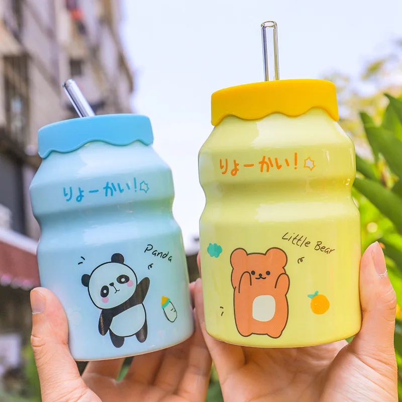 

Japanese Creative Cartoon Animal Ceramic Cup With Lid Portable Small Couple Straw Mug Children's Water Cup Gift