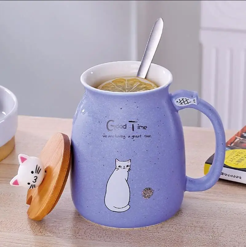 Мультяшная Цветная Керамическая чашка с котом и крышкой ложка креативная
