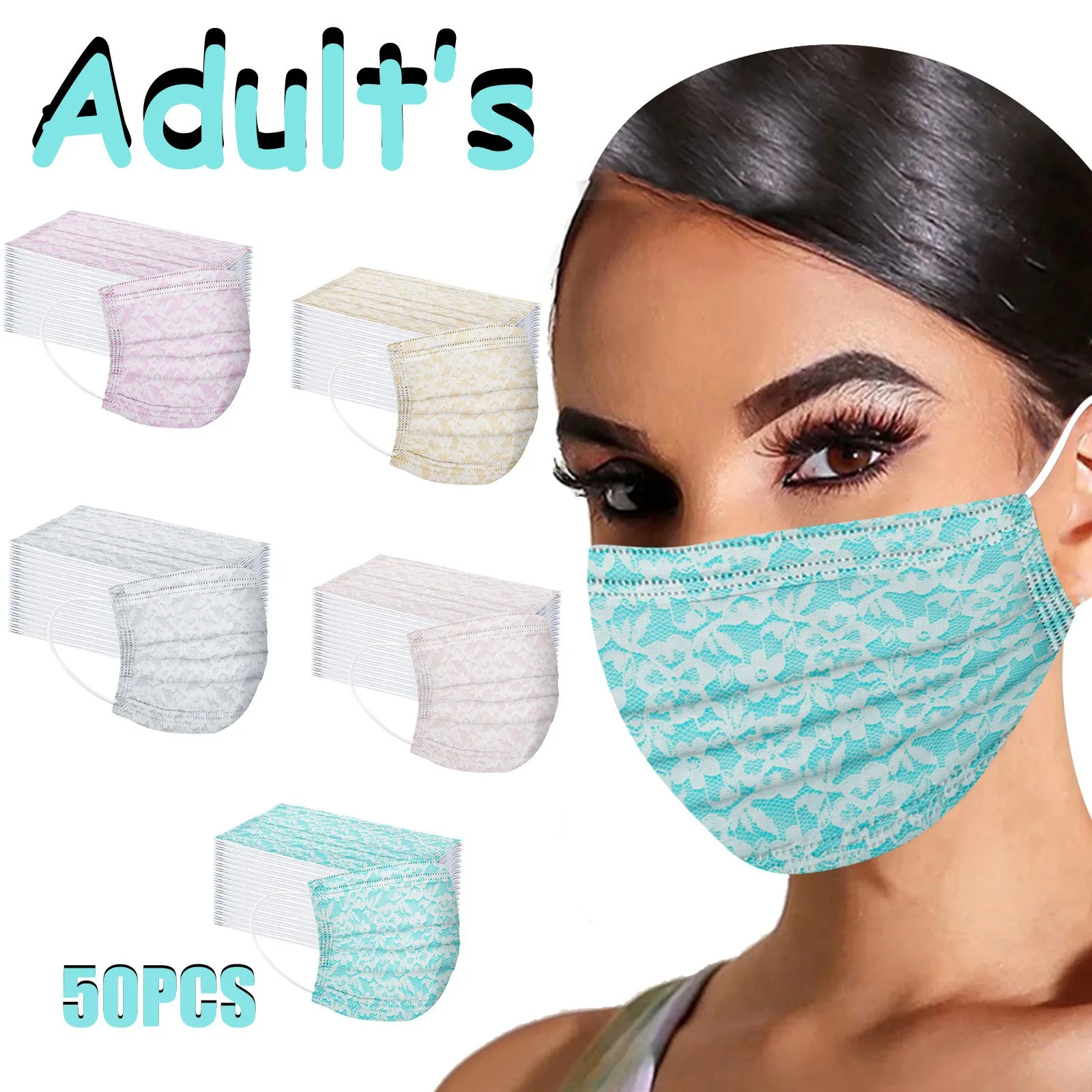 

50PCS PM2.5 Women Man Unisex Lace Print Disposable Face Mask 3Ply Ear Loop Breathable Mask mascarillas desechables 2021