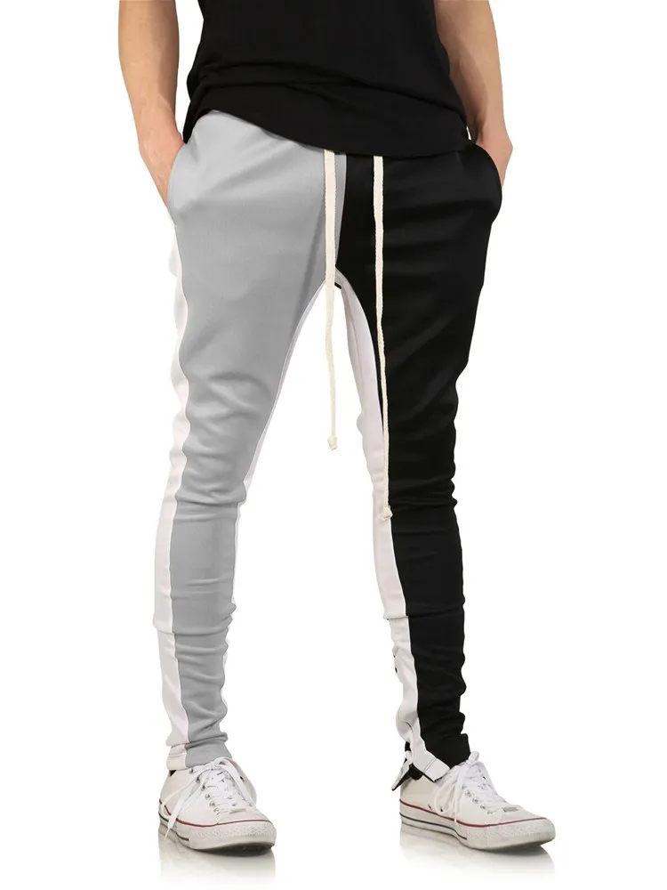 Black and gray Мужские Slim Fit Пот Штаны Drawstring полосатый спортивный Штаны Цвет Блок Лоскутная Бег Брюки спортивные хип-хоп брюки повседневные штаны - Цвет: Black and gray