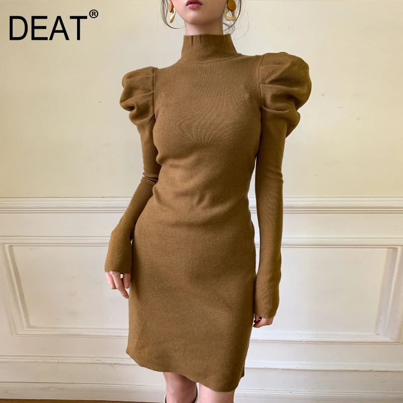 DEAT 2020 Новинка водолазка с пышными рукавами вязаный пуловер тонкий мохер высокое