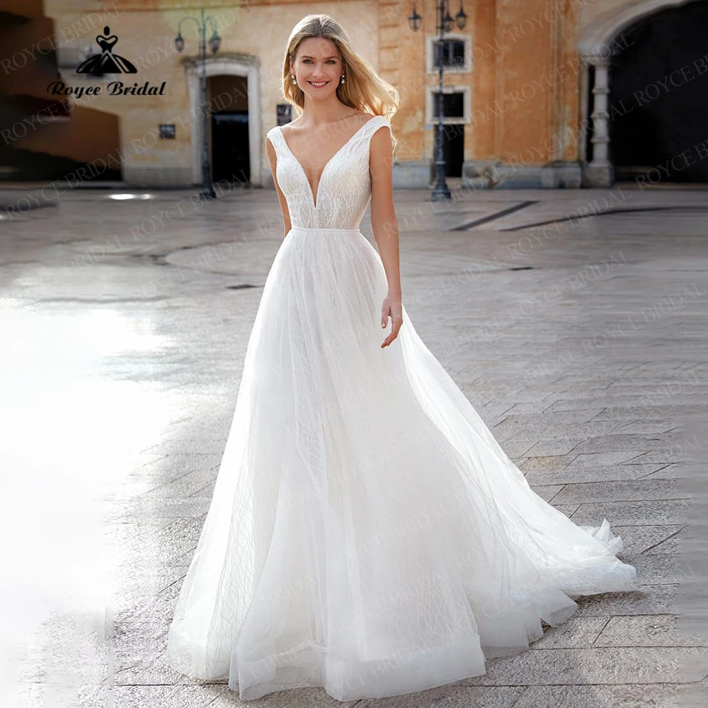 

Roycebridal Beach A-Line Wedding Dress Backless Gitter Tulle Bridal Gowns 2022 Court Trian tenue mariage civil pour la mairie