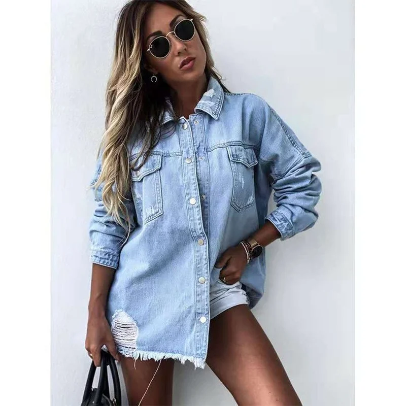 

Donsignet Fashion Women's Denim Jacket New Casual Hot Sale Lapel Single-breasted Double-pocket Solid Color Fringed Denim Jacket
