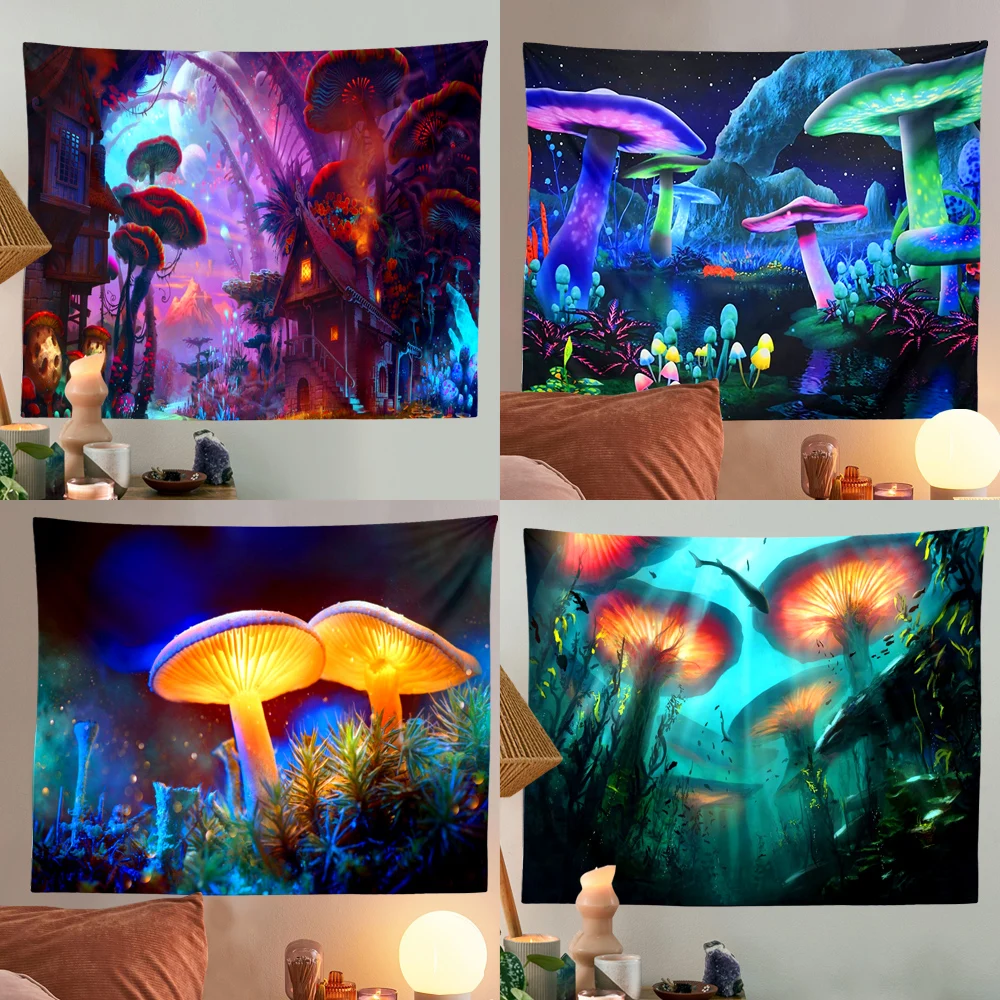 Psychedelic Mushroom Tapestry Fantasy Plant Wall Galaxy Space Starry Night Sky Hanging for Room | Дом и сад